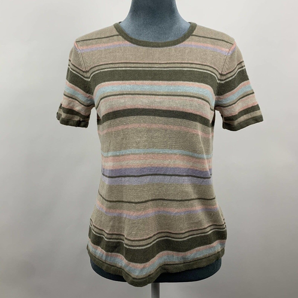 Vintage 90s Evan Picone 100% Linen Striped Knit Short Sleeve Top Womens Small